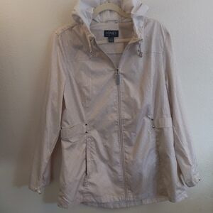 Jones NY Women's Polkadot Tan Hooded Raincoat Pockets Hood Sleeve Straps XL